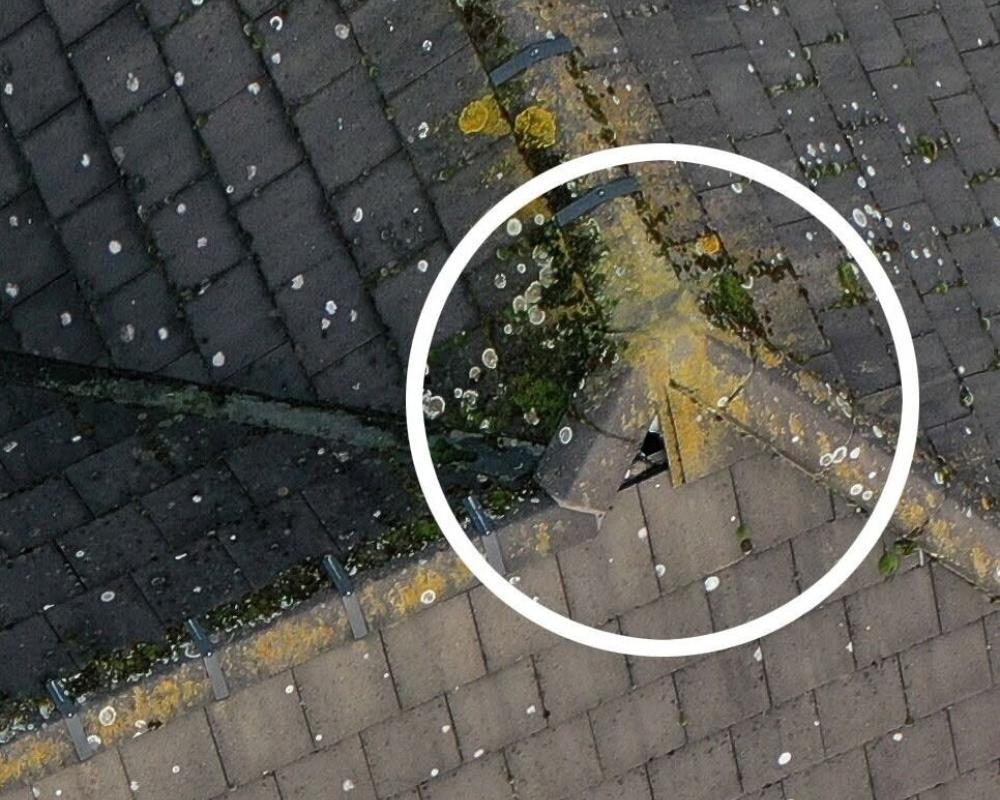 Close up of some roof damage revealed during a drone survey