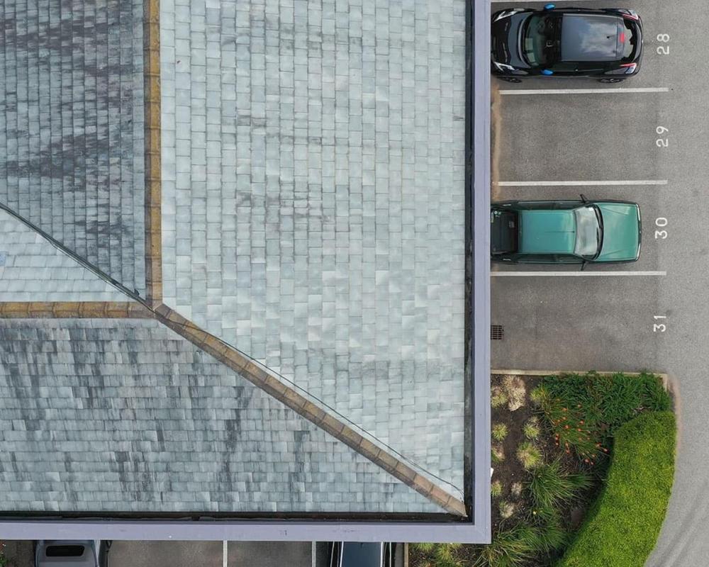 Drone aerial photo of a roof during a property survey